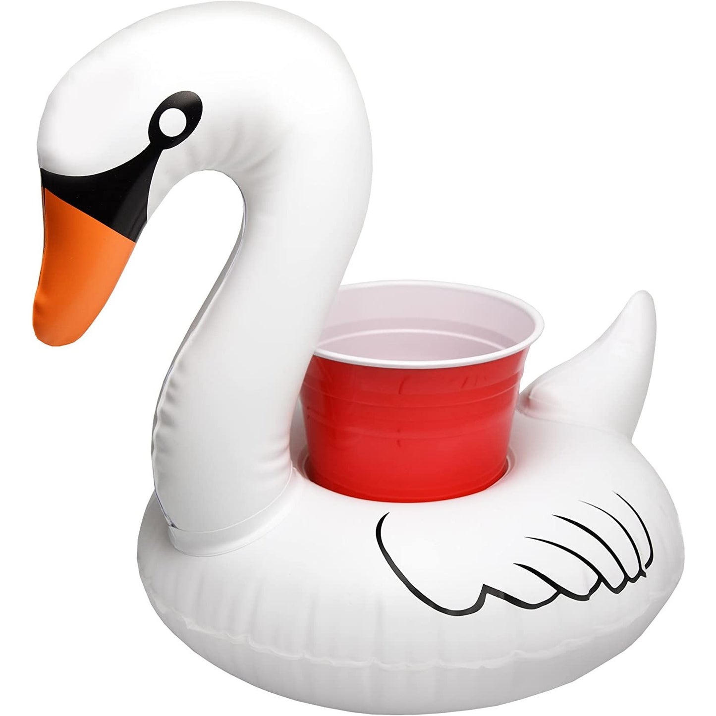 A white swan shaped drink holding pool float with a red cup in the holder.