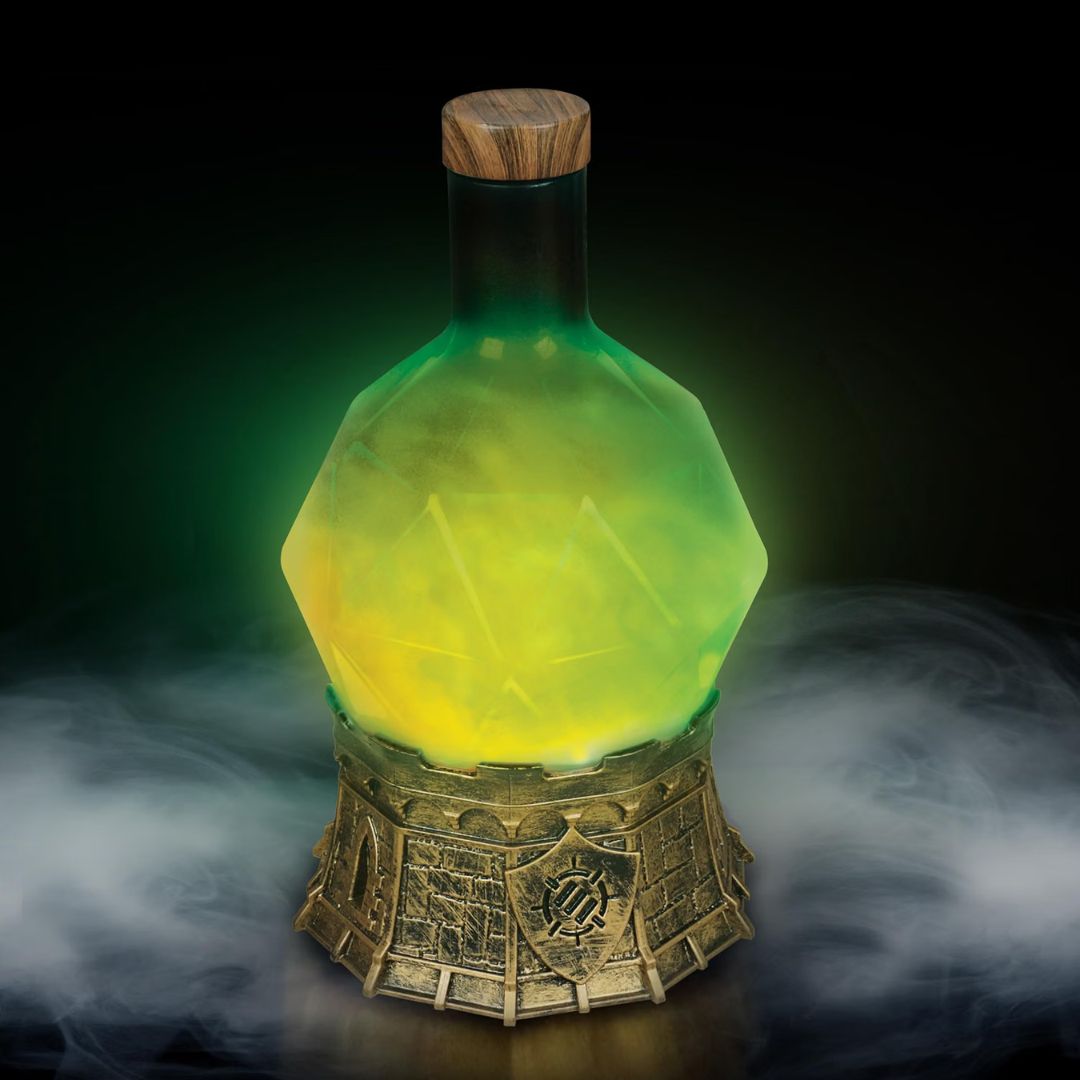 Glowing green potion lamp with wooden cap on a dark smokey background