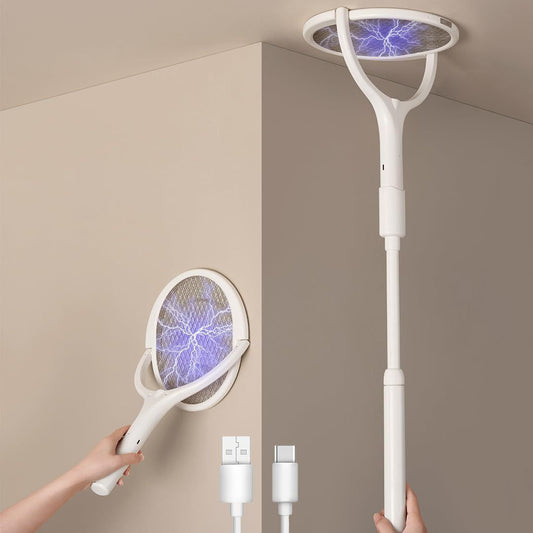 Telescopic electric fly swatter with rotating zapper head reaching walls and ceilings to kill flying insects