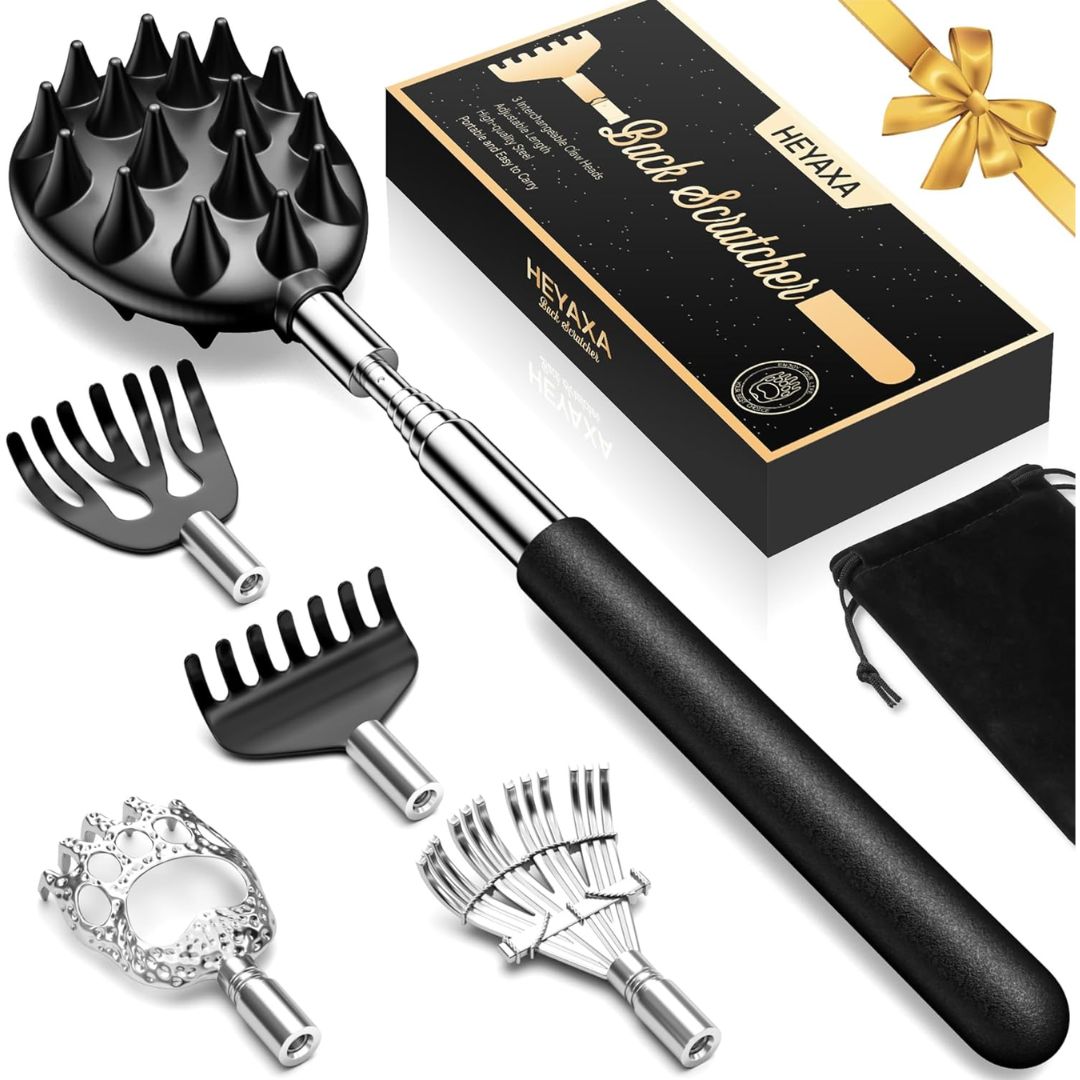 Black scratcher massager tool with interchangeable heads and HEYAXA packaging on a white background