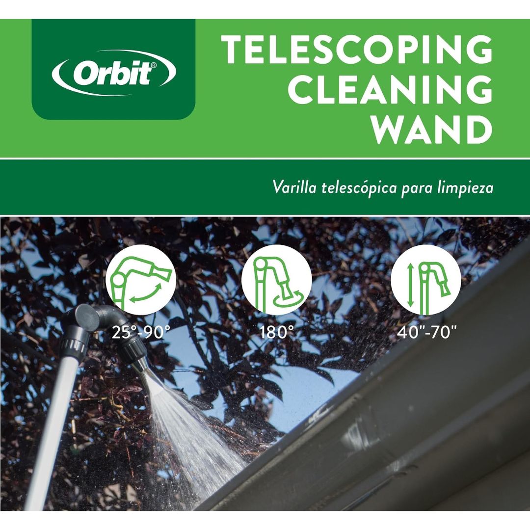 A telescopic gutter cleaning extendable wand being used to clean a gutter with text details about the product