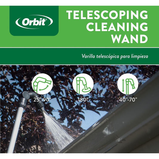 A telescopic gutter cleaning extendable wand being used to clean a gutter with text details about the product