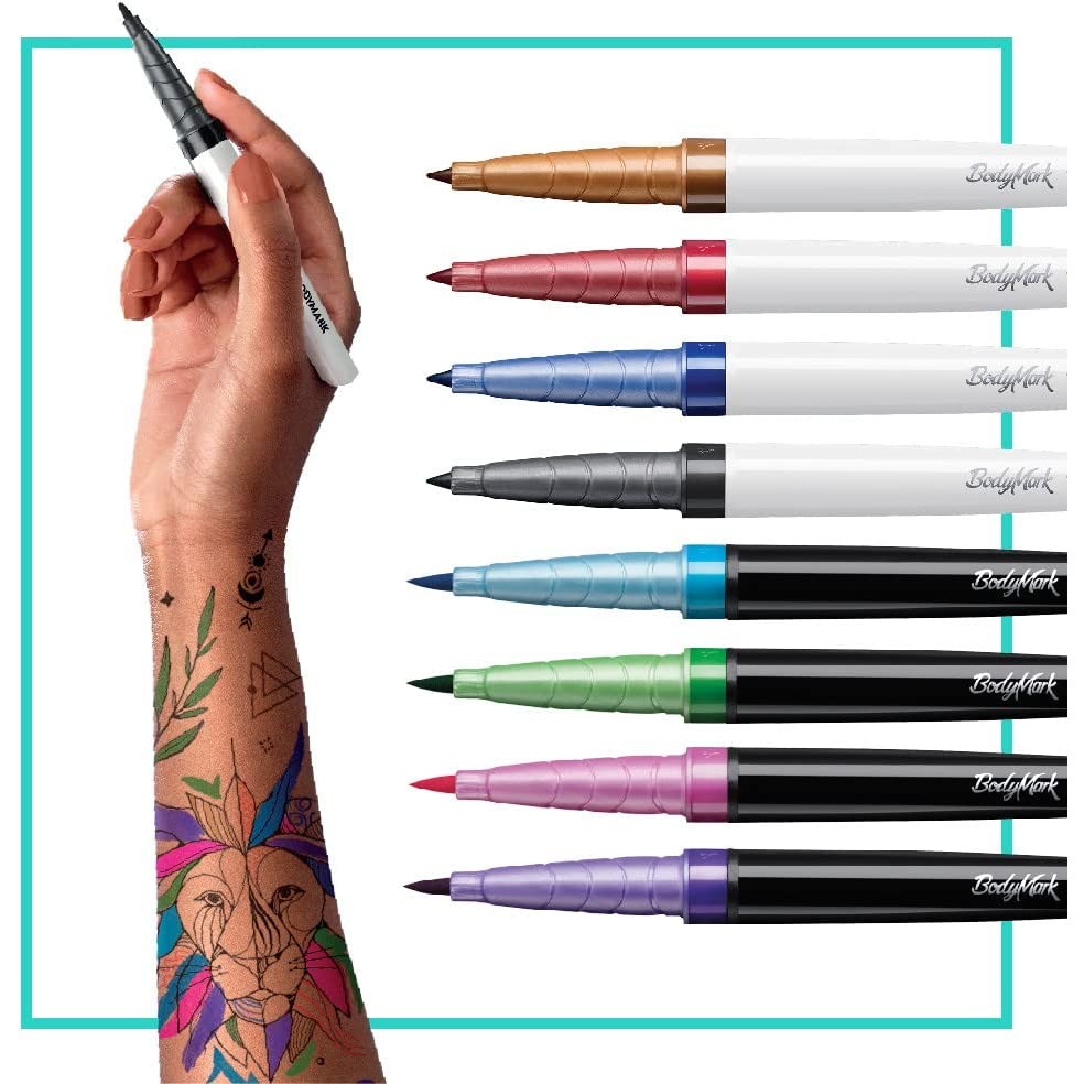 A set of different colored temporary tattoo markers for skin