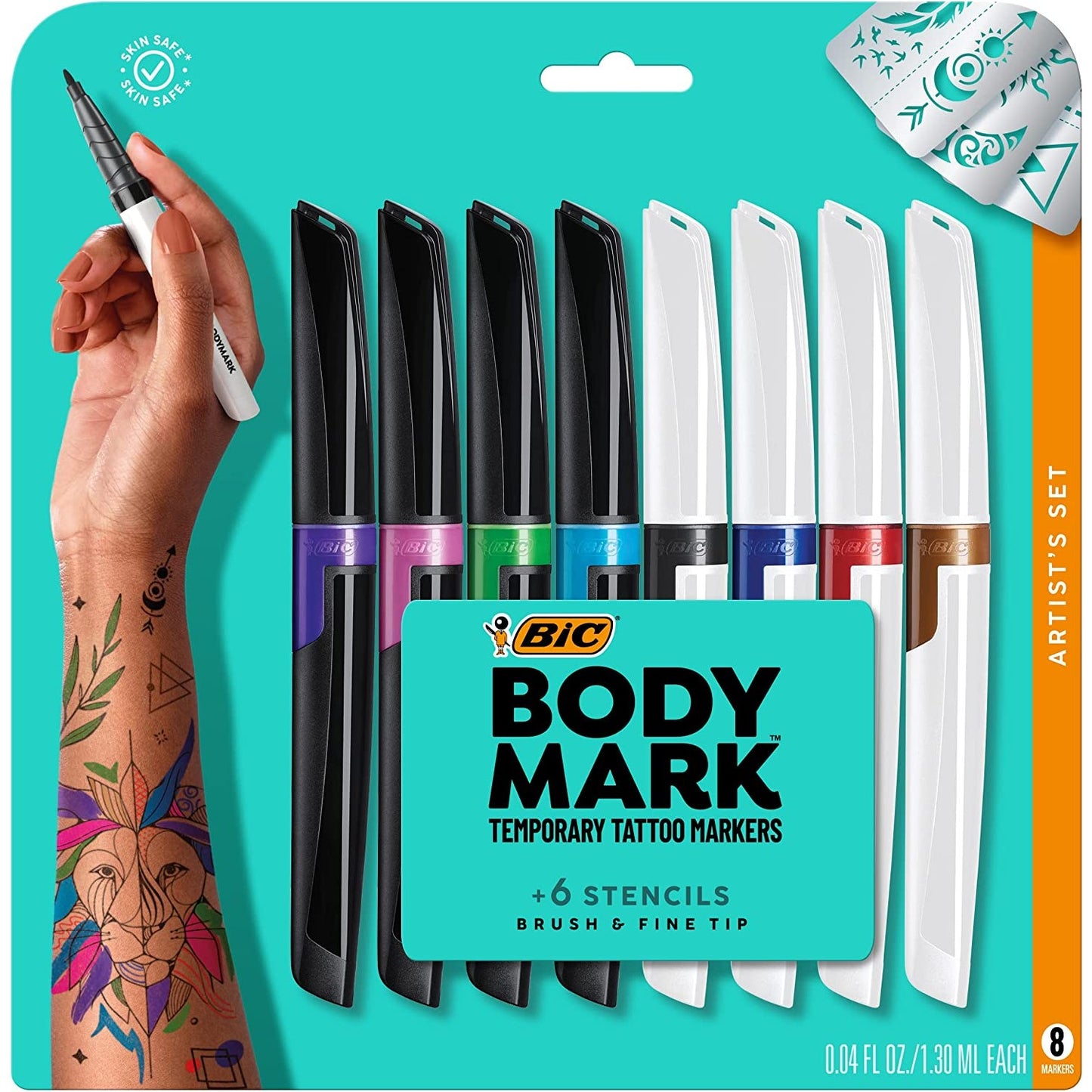 A set of different colored temporary tattoo markers for skin with text that reads, 'Body Mark Temporary Tattoo Markers.'