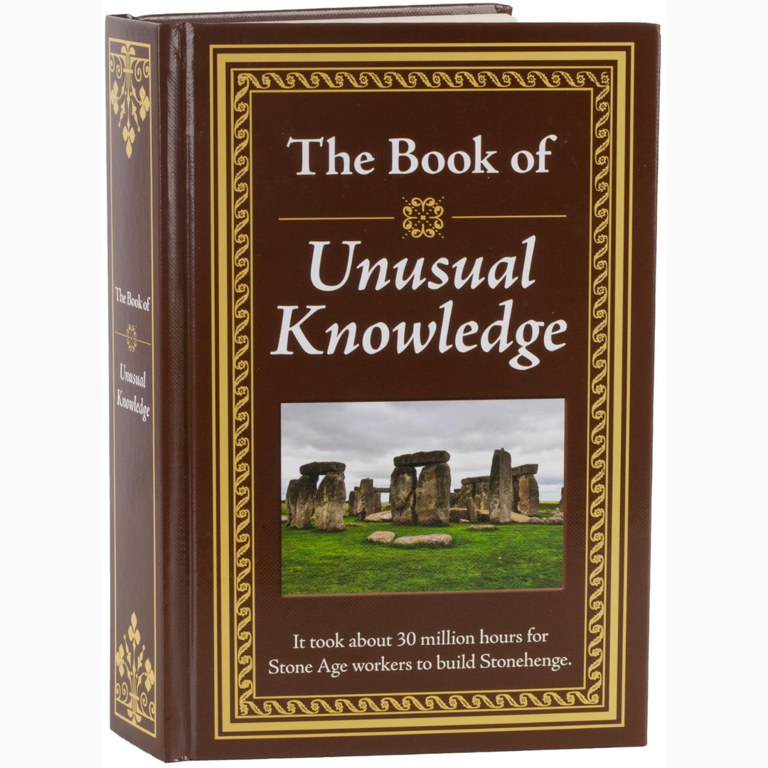 Book titled 'The Book of Unusual Knowledge' with Stonehenge image on cover