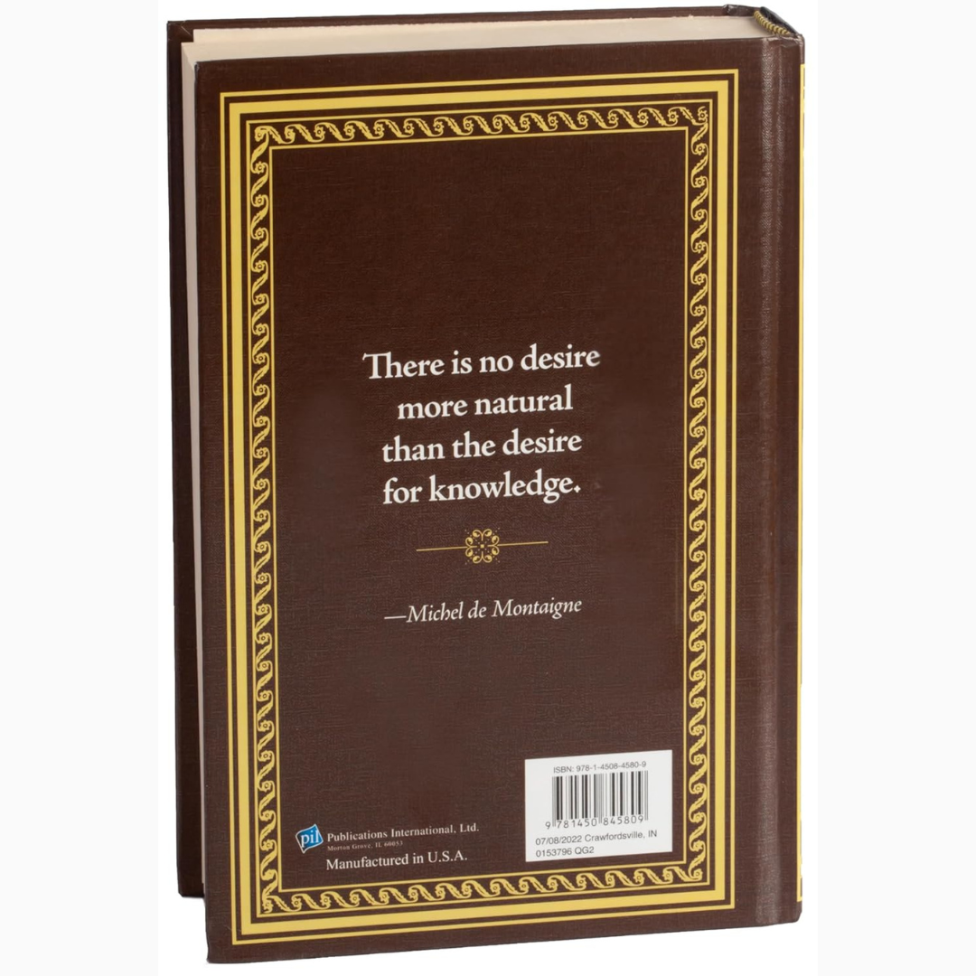 Decorative book with a quote by Michel de Montaigne on a white background