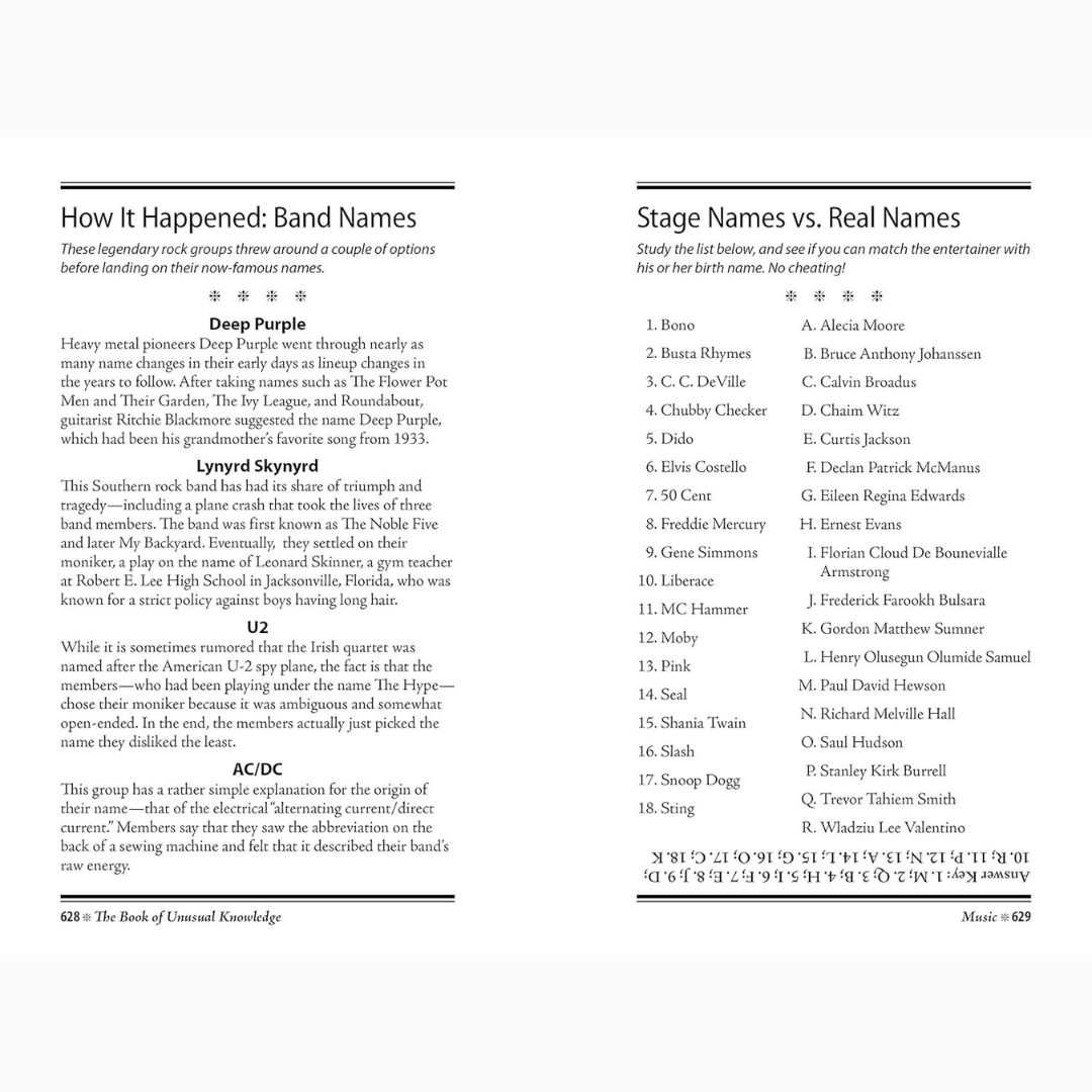 Two pages from a book or document discussing band names and stage names versus real names.