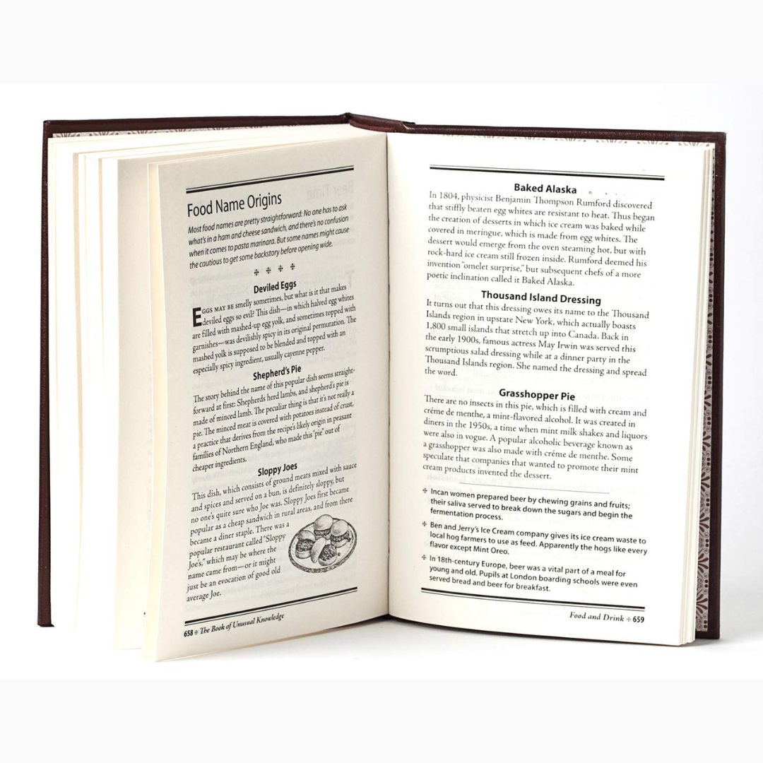 Open book displaying text on food name origins with a white background