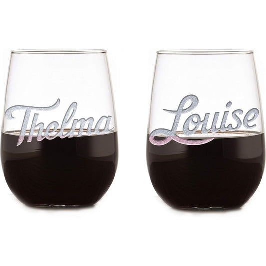 Two stemless wine glasses filled with red wine, each labeled 'Thelma' and 'Louise'.