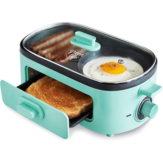 3-in-1- aqua colored breakfast maker station on a white background