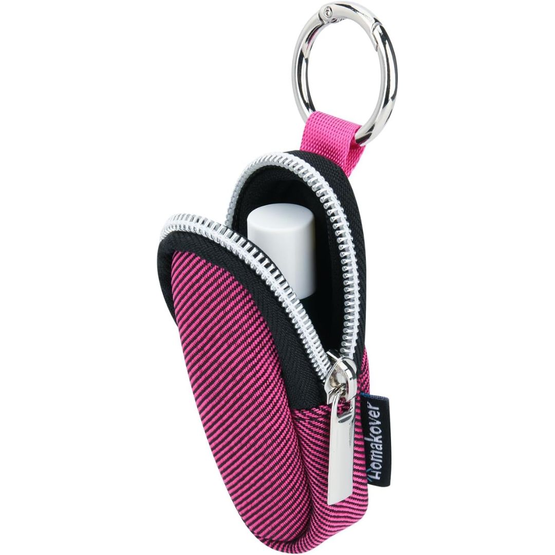 Tiny pink and black lip balm keychain case