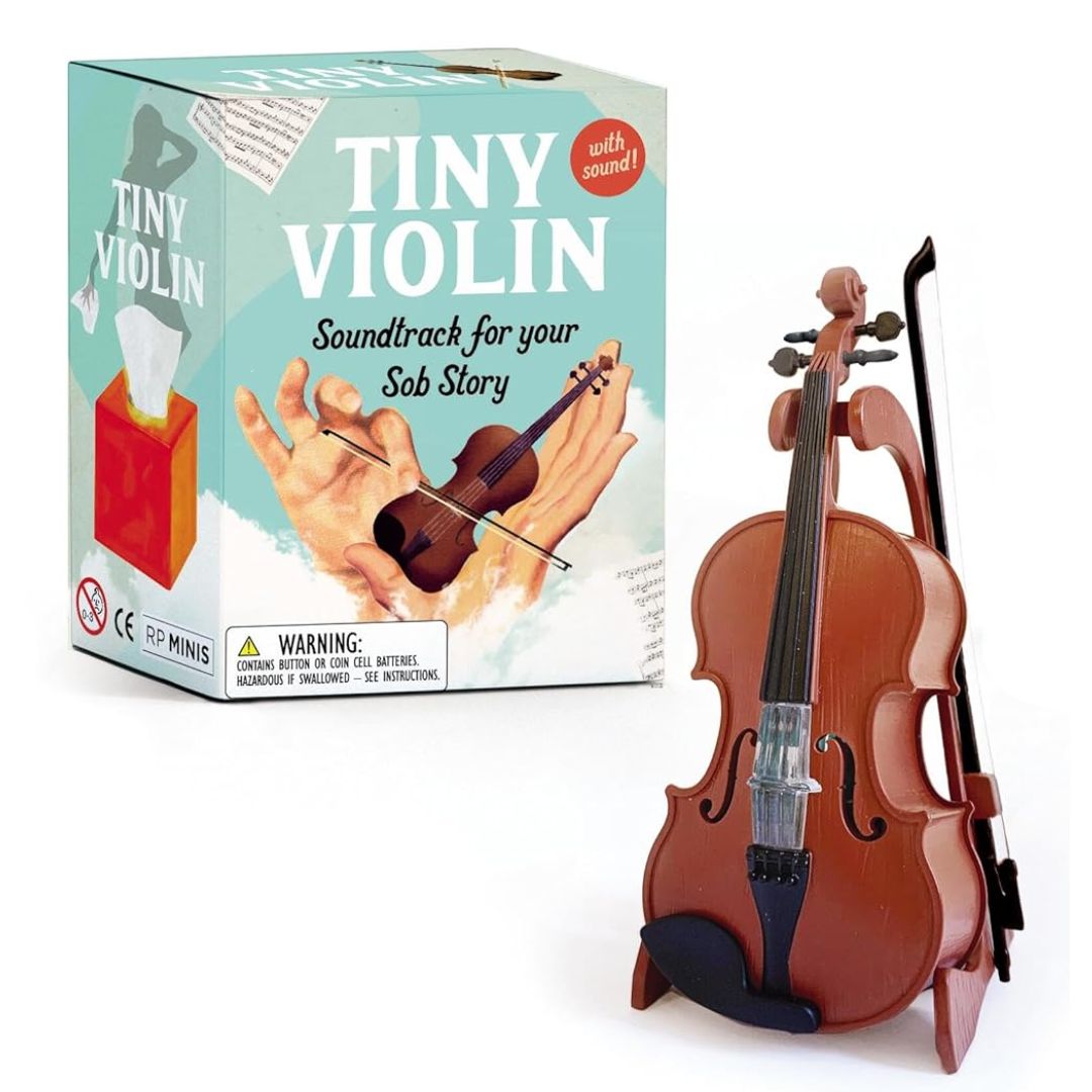 Tiny violin with packaging labeled 'Tiny Violin' on a white background