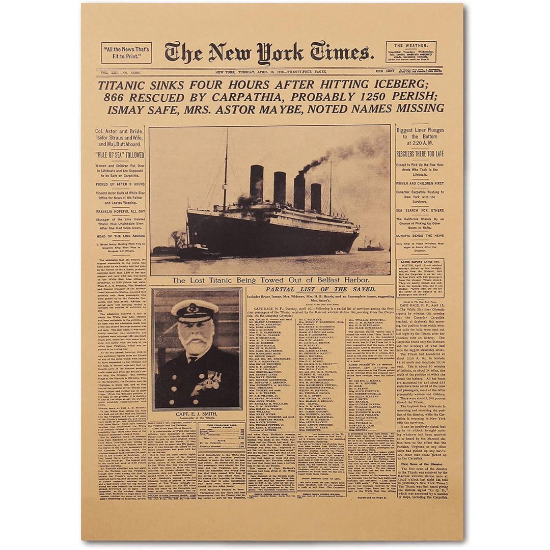 Newspaper front page about the Titanic disaster with a large image of the ship.