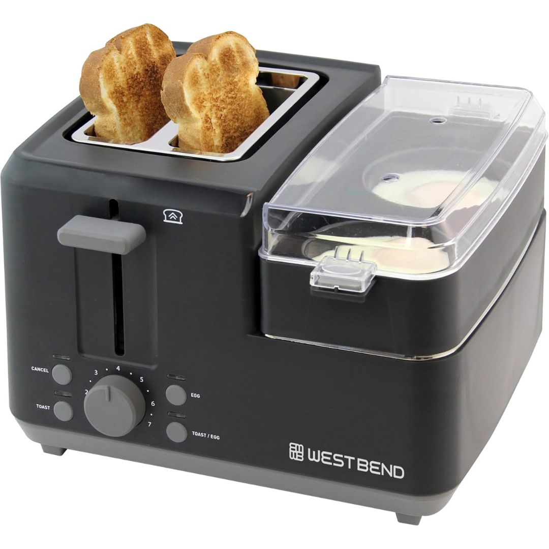 Black West Bend toaster and egg poacher with two slices of toast and an egg poacher containing two eggs on a white background
