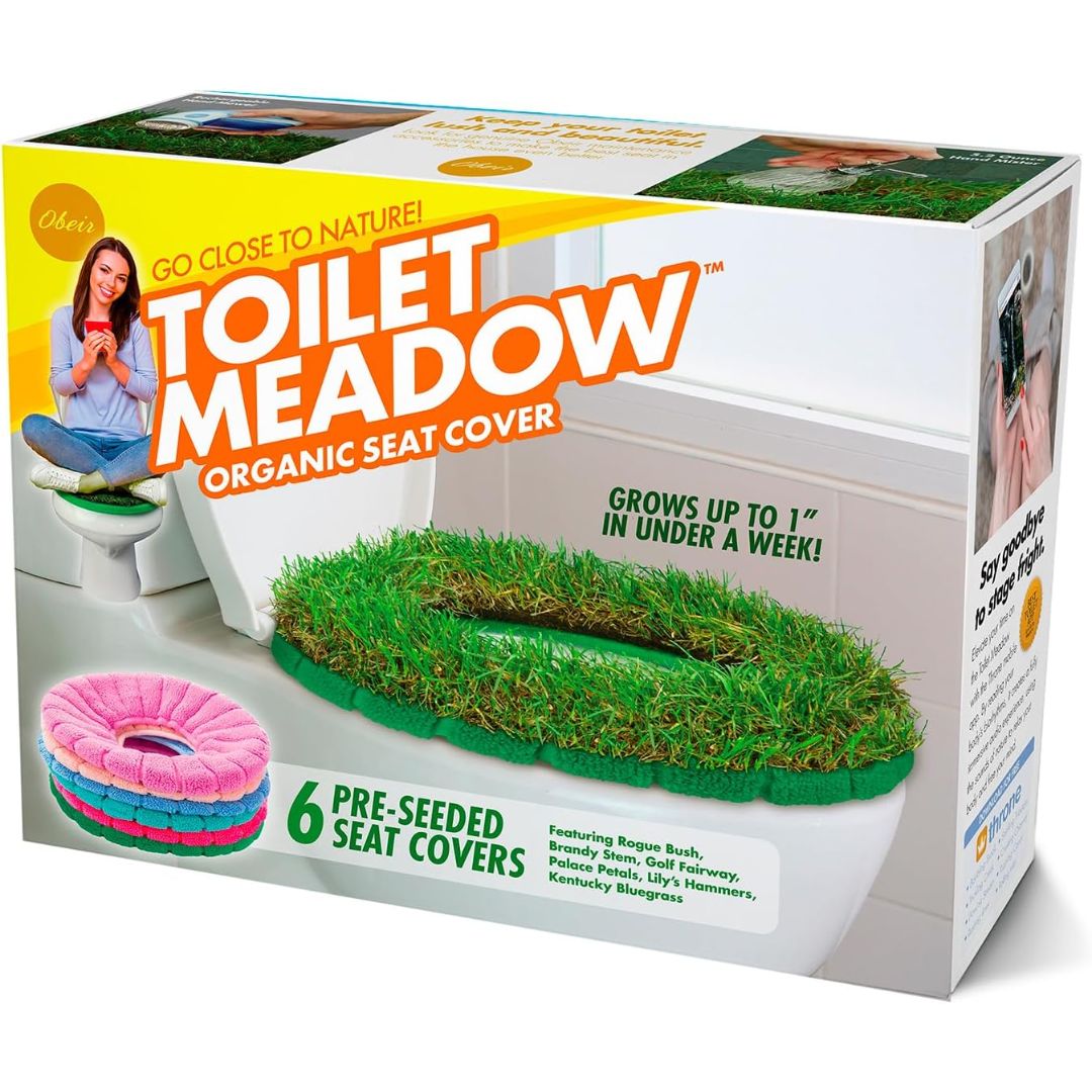 Prank joke box of a Toilet Meadow organic seat cover with grass-like texture