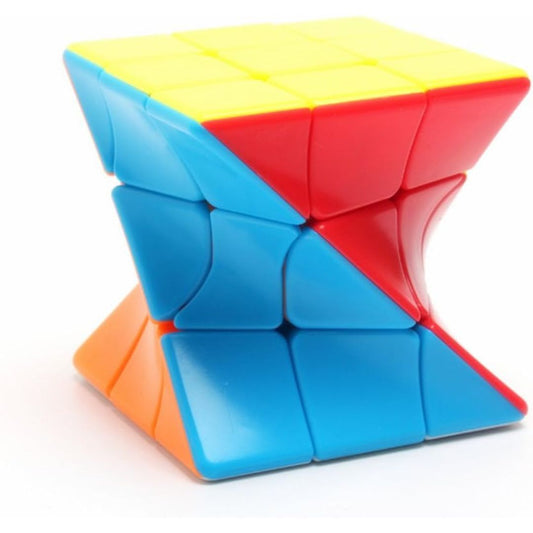 Colorful twisted cube puzzle on a white background