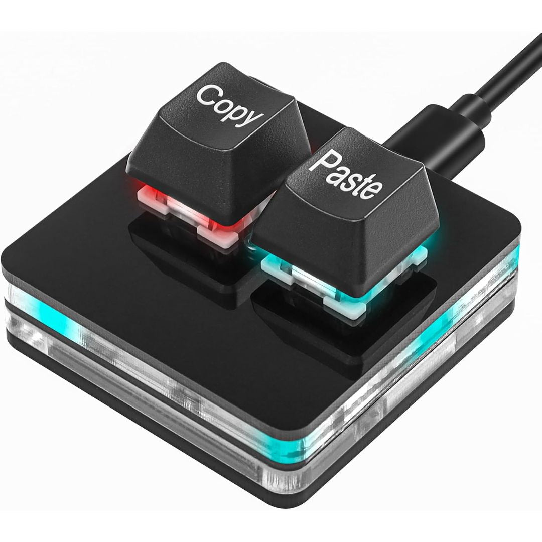 Compact two-key USB keyboard with illuminated Copy and Paste shortcut keys