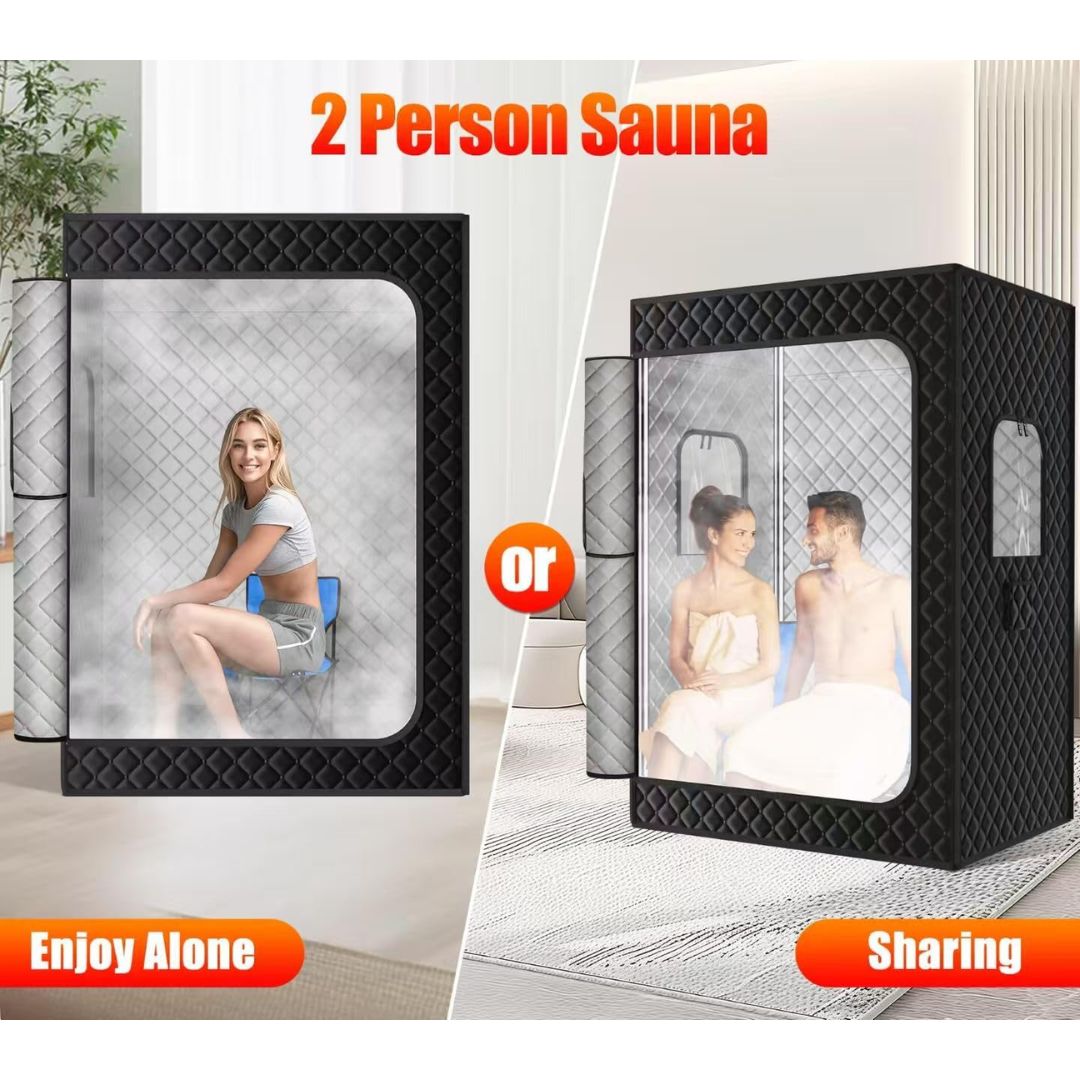 Two images of a two person portable home steam sauna showing a single person inside one sauna and a couple inside the other with text that reads '2 person sauna enjoy alone or sharing'