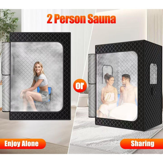 Two images of a two person portable home steam sauna showing a single person inside one sauna and a couple inside the other with text that reads '2 person sauna enjoy alone or sharing'