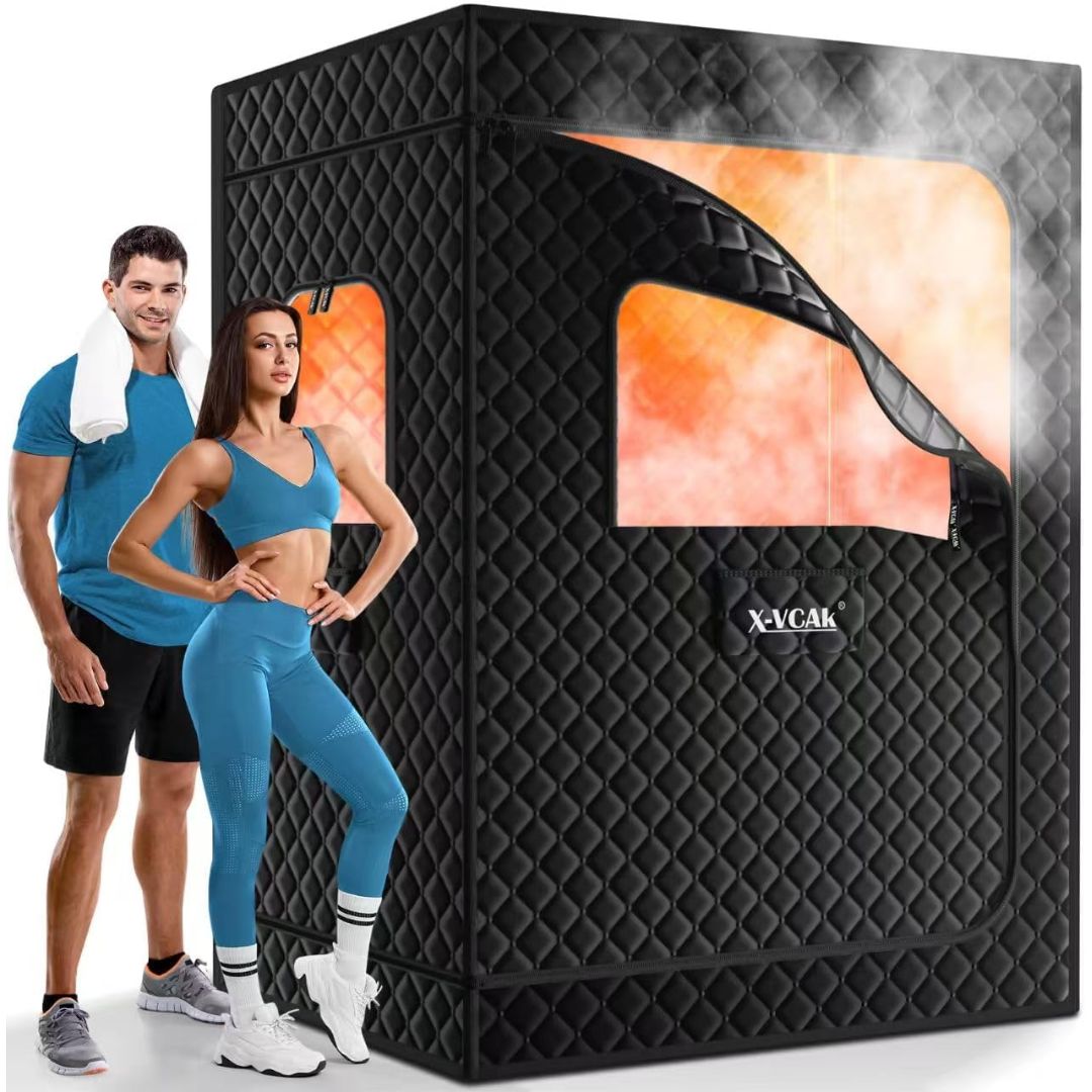 A two person portable steam sauna with two people standing next to it