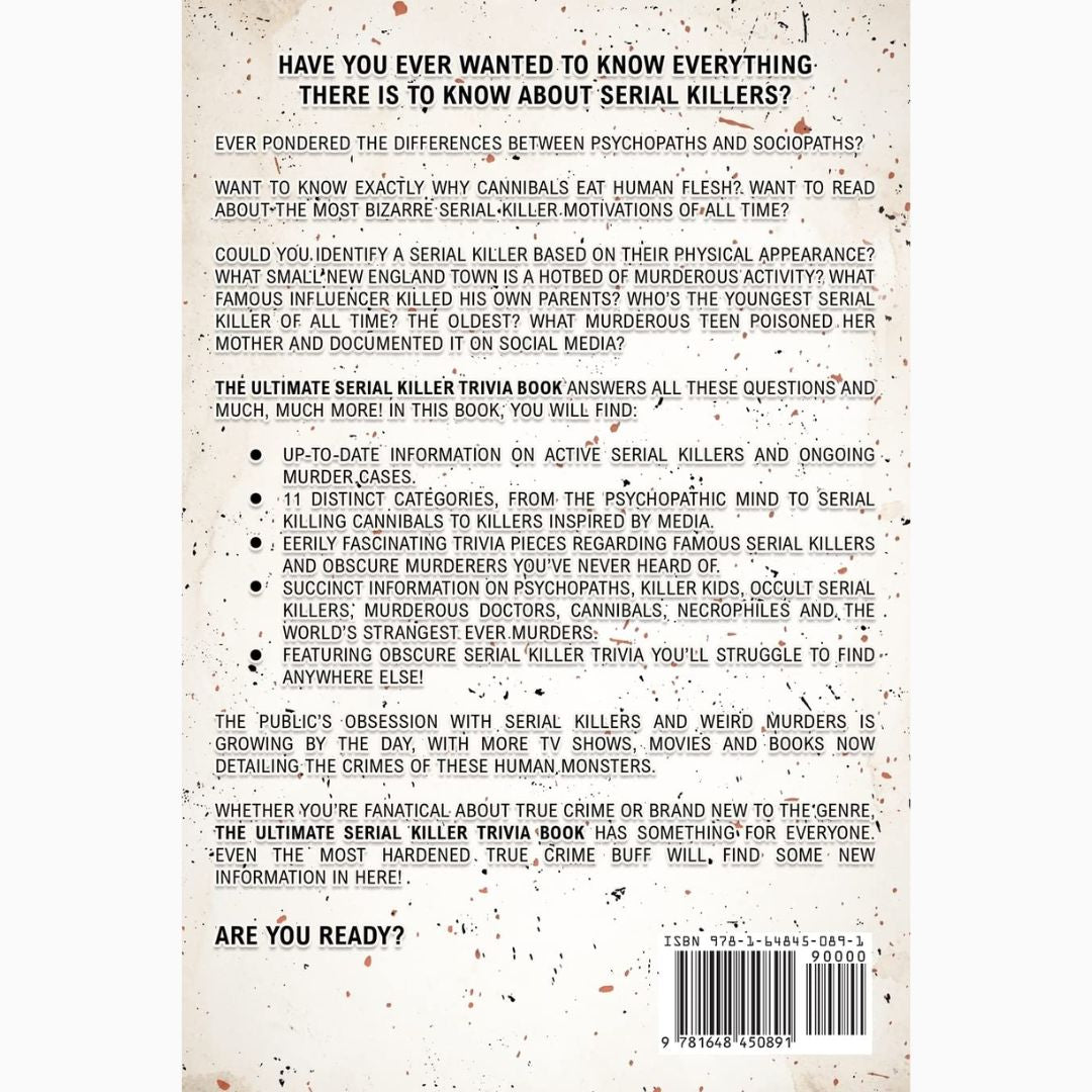 Back cover of a book titled 'The Ultimate Serial Killer Trivia Book' with text and a barcode.