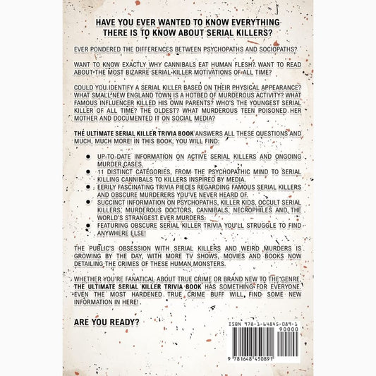 Back cover of a book titled 'The Ultimate Serial Killer Trivia Book' with text and a barcode.