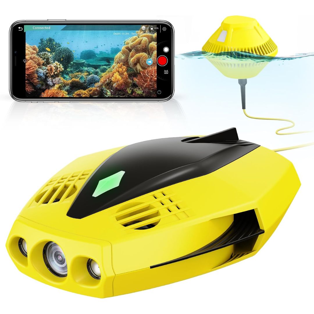 Yellow underwater camera drone with tether and smartphone live-view display