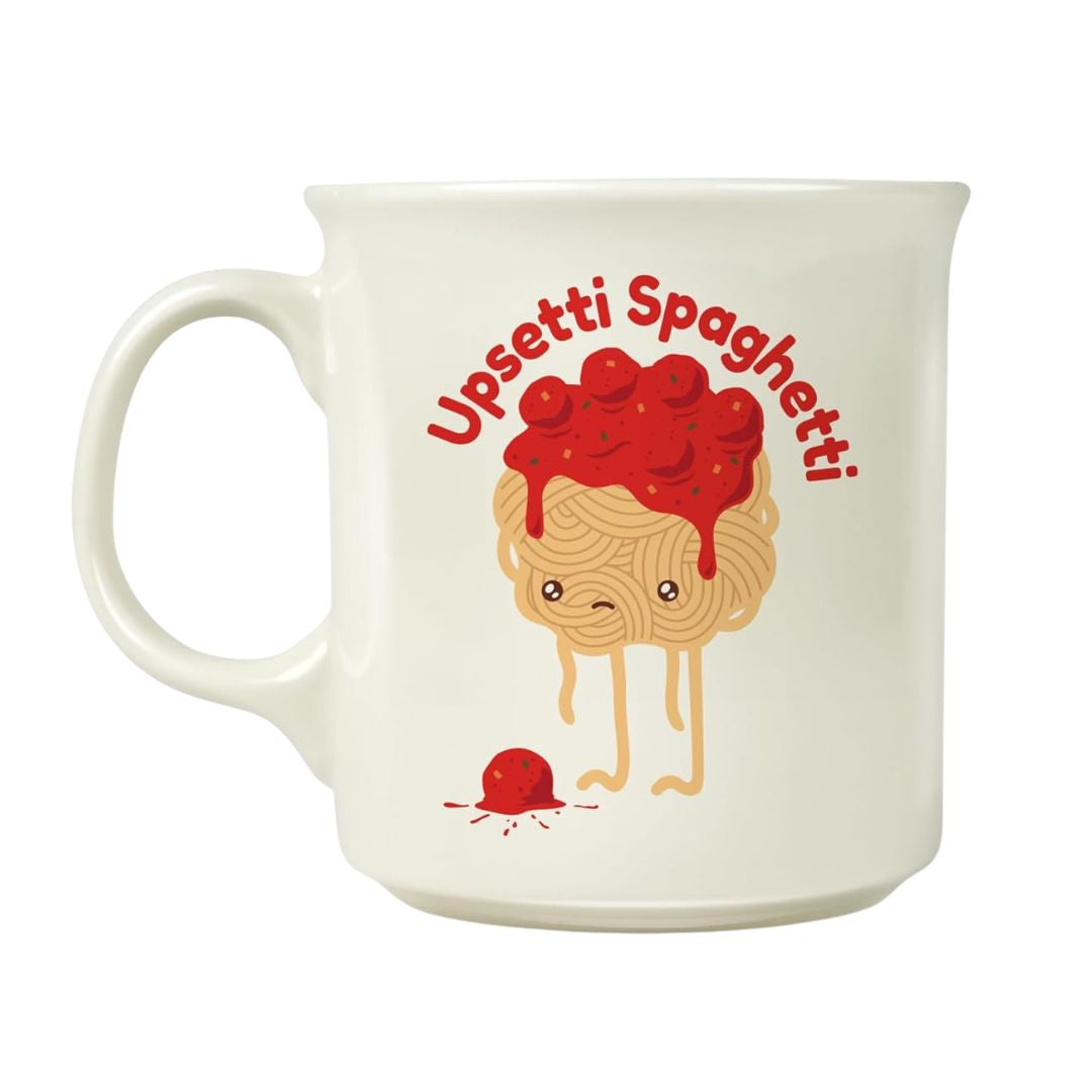 White mug with a cartoon spaghetti character and 'Upsetti Spaghetti' text on a white background