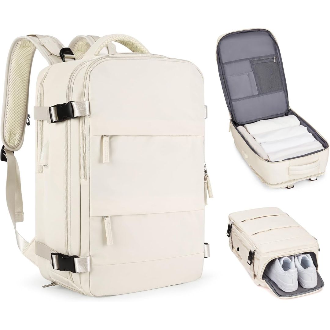 A beige vacuum compression travel backpack on a white background