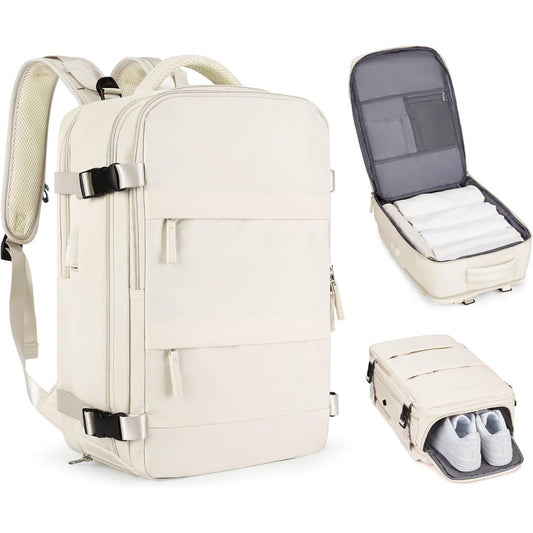 A beige vacuum compression travel backpack on a white background