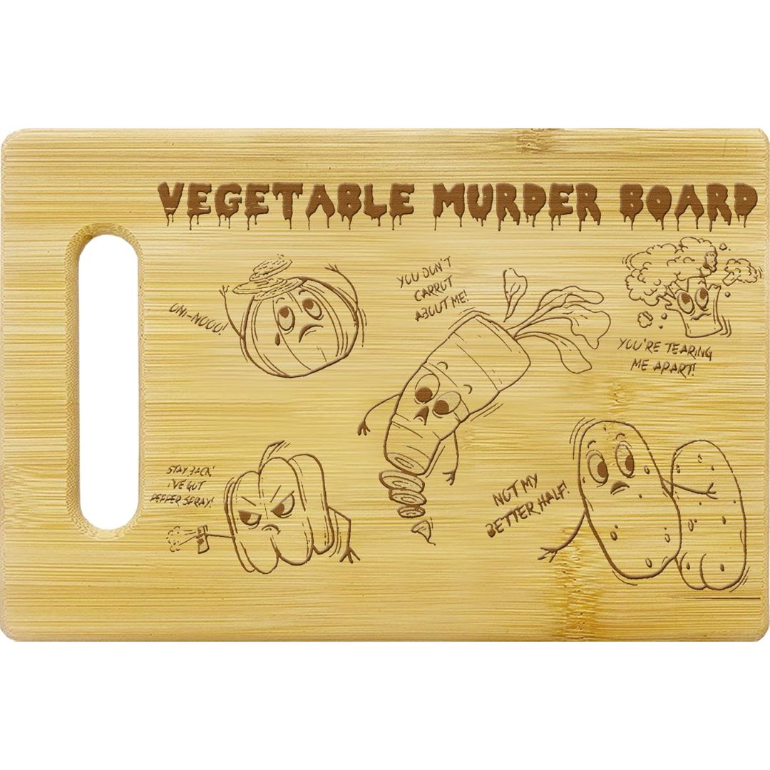 Bamboo “Vegetable Murder Board” cutting board with funny cartoon vegetable illustrations and handle cutout