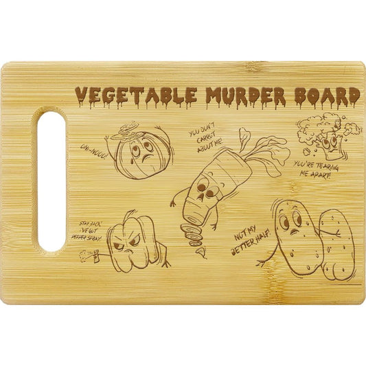 Bamboo “Vegetable Murder Board” cutting board with funny cartoon vegetable illustrations and handle cutout