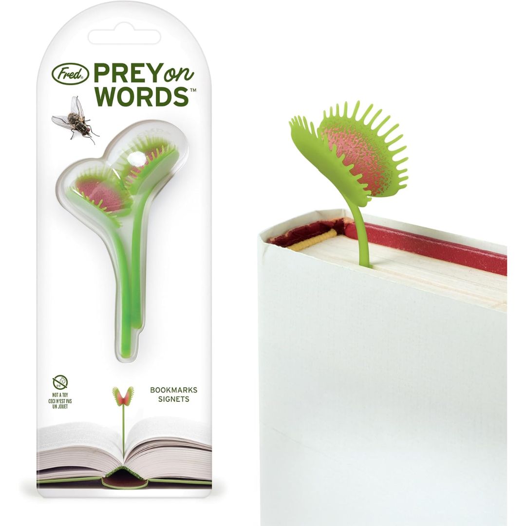 Green Venus flytrap-shaped bookmarks with packaging labeled 'Prey on Words' on a white background.
