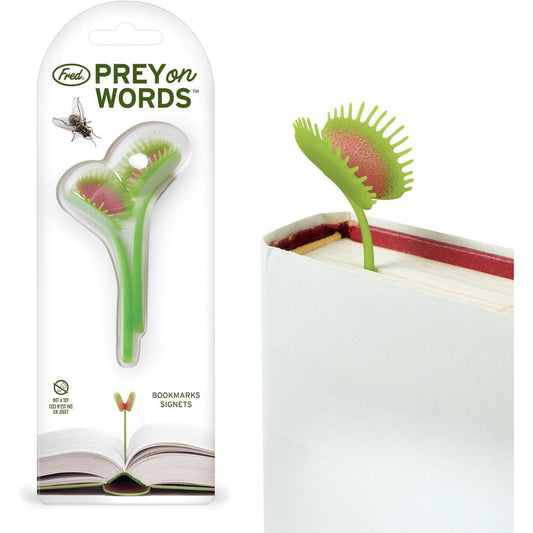 Green Venus flytrap-shaped bookmarks with packaging labeled 'Prey on Words' on a white background.