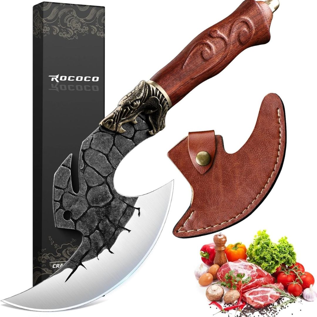 Viking style cleaver knife with wooden handle, leather sheath, gift box and BBQ ingredients