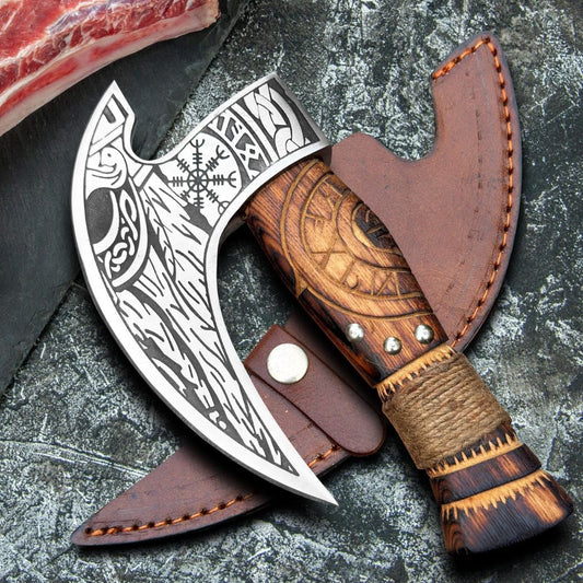 Decorative pizza cutter axe with a wooden handle and leather sheath on a dark surface