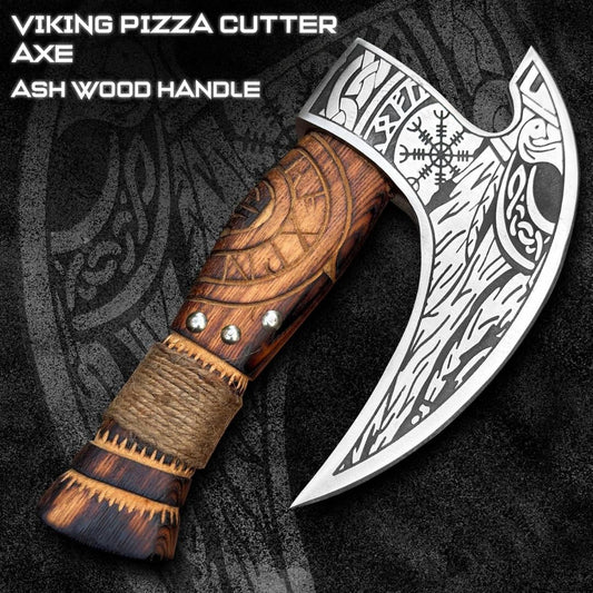 Viking pizza cutter axe with wooden handle on a dark background