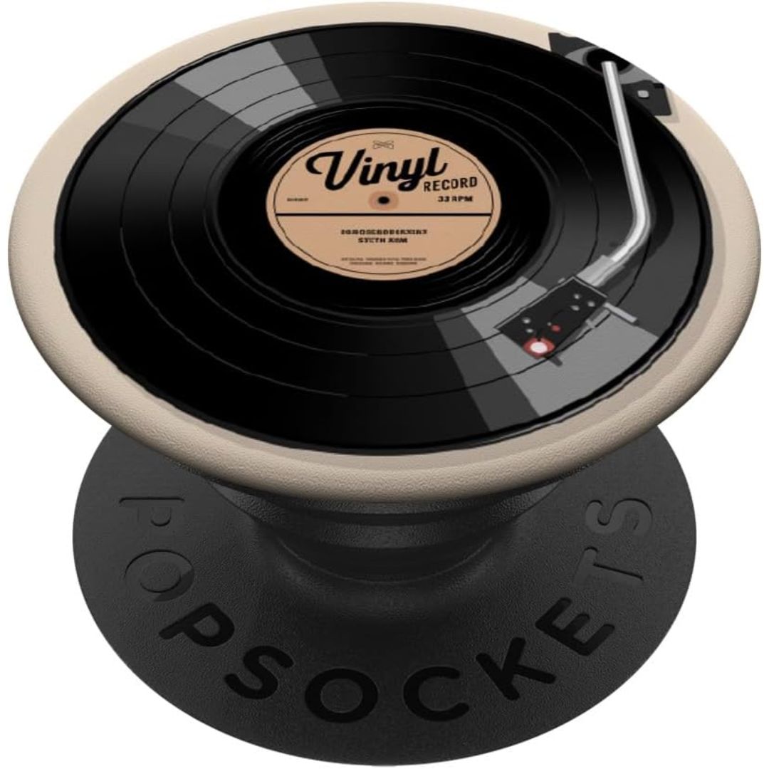 A phone grip holder shaped like a vinyl record player.