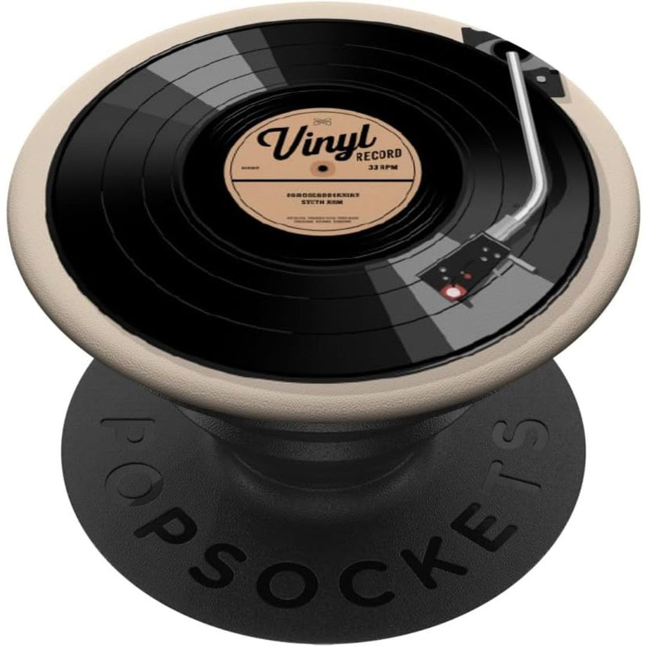 Expandable smartphone grip designed like a miniature vinyl record player