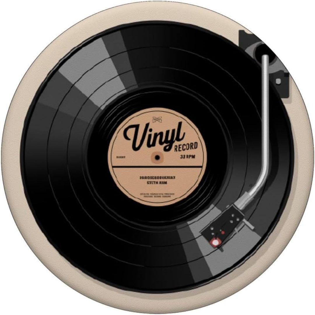 A phone grip holder shaped like a vinyl record player on a white background.