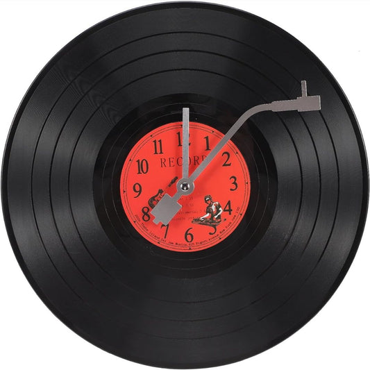 Vinyl record clock with red face and gray hands on a white background