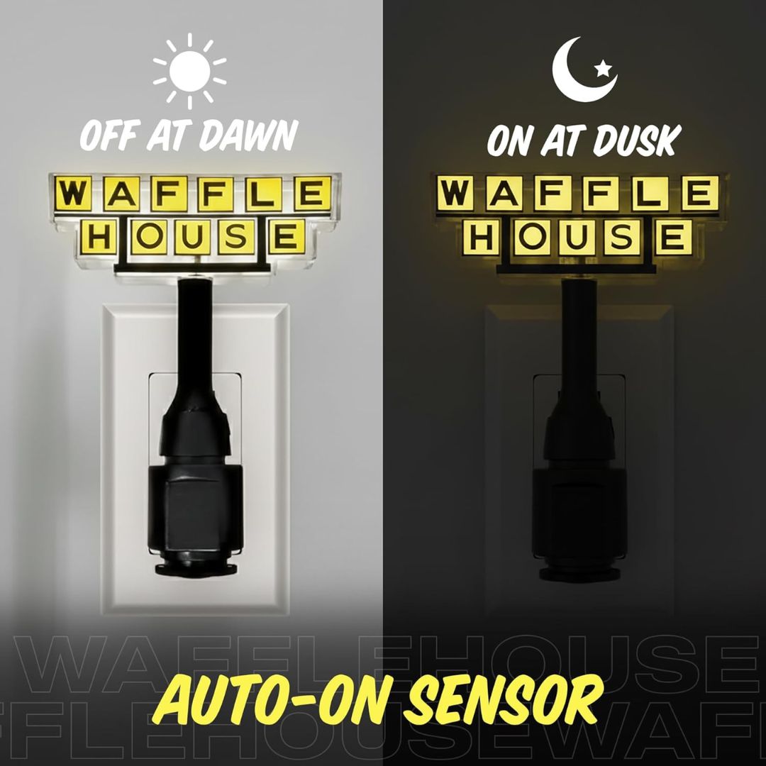 Waffle House night light switch with 'Off at Dawn' and 'On at Dusk' text, auto-on sensor feature.