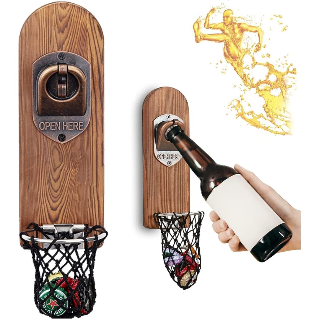 A wooden wall mounted beer bottle cap opener with basket underneath to catch the lids.