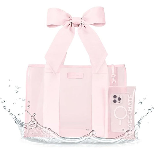 Waterproof pink jelly tote bag with bow handles, exterior phone pocket and splash-resistant design