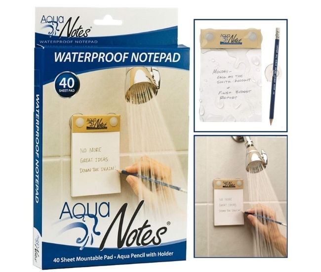 Waterproof shower notepad and pencil called Aqua Notes.