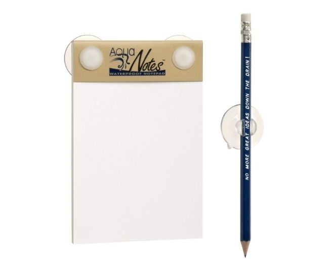 Waterproof shower note pad with pencil called Aqua Notes on a white background