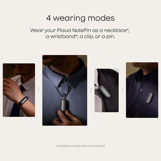 Wearable AI voice recorder showing four wearing modes as a wristband, necklace, clip or pin