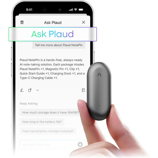 Compact AI voice recorder and note-taking device shown with smartphone app for asking questions about recorded notes