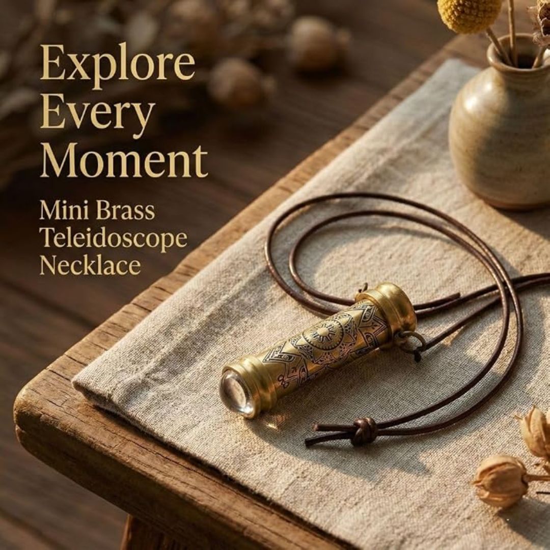 A brass teleidoscope pendant necklace with engraved detailing and a dark brown cord, styled on a linen cloth over a wooden table with decorative dried flowers and text reading 'Explore Every Moment' and 'Mini Brass Teleidoscope Necklace'.