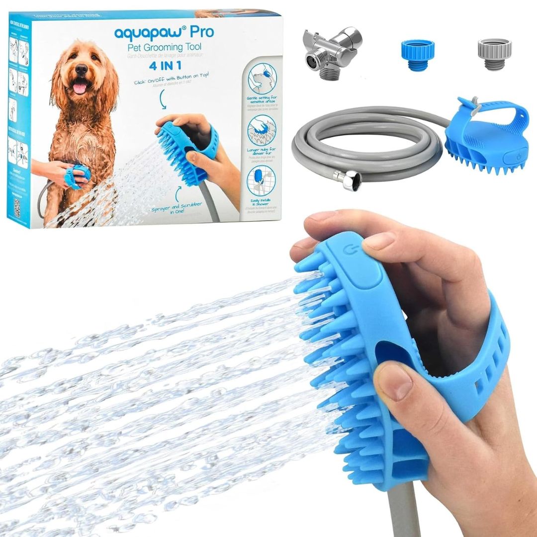 Pet grooming bath sprayer brush set with hose and attachments, including Aquapaw Pro packaging.